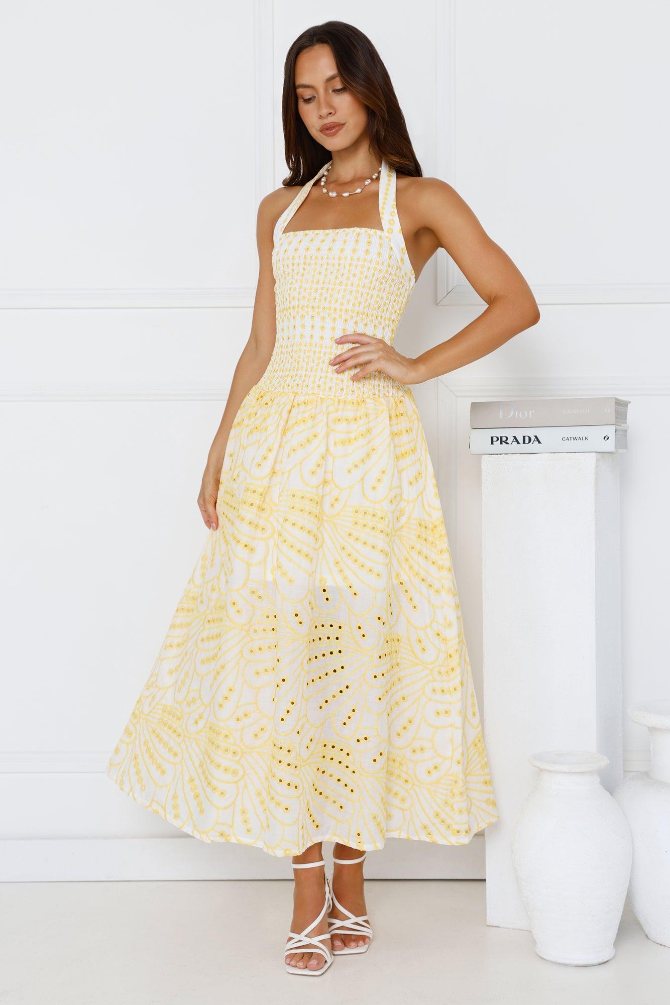 Leona Halter Embroidered Maxi Dress Yellow Product Image