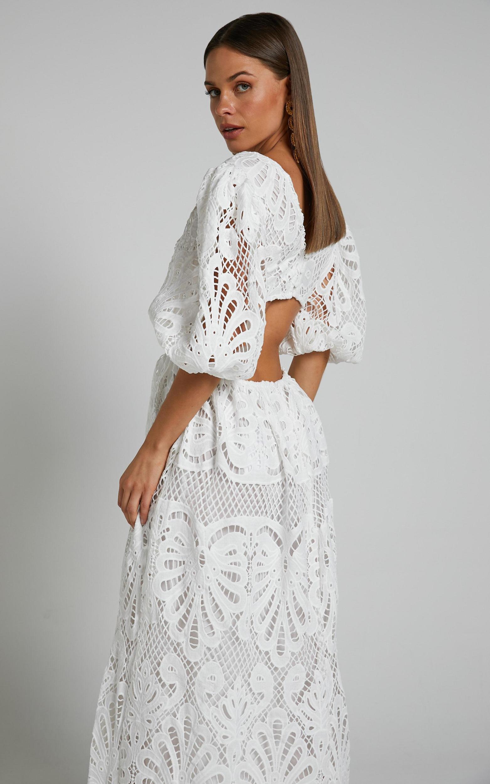 Anieshaya Midi Dress - V Neck Cut Out Lace Dress in White Product Image