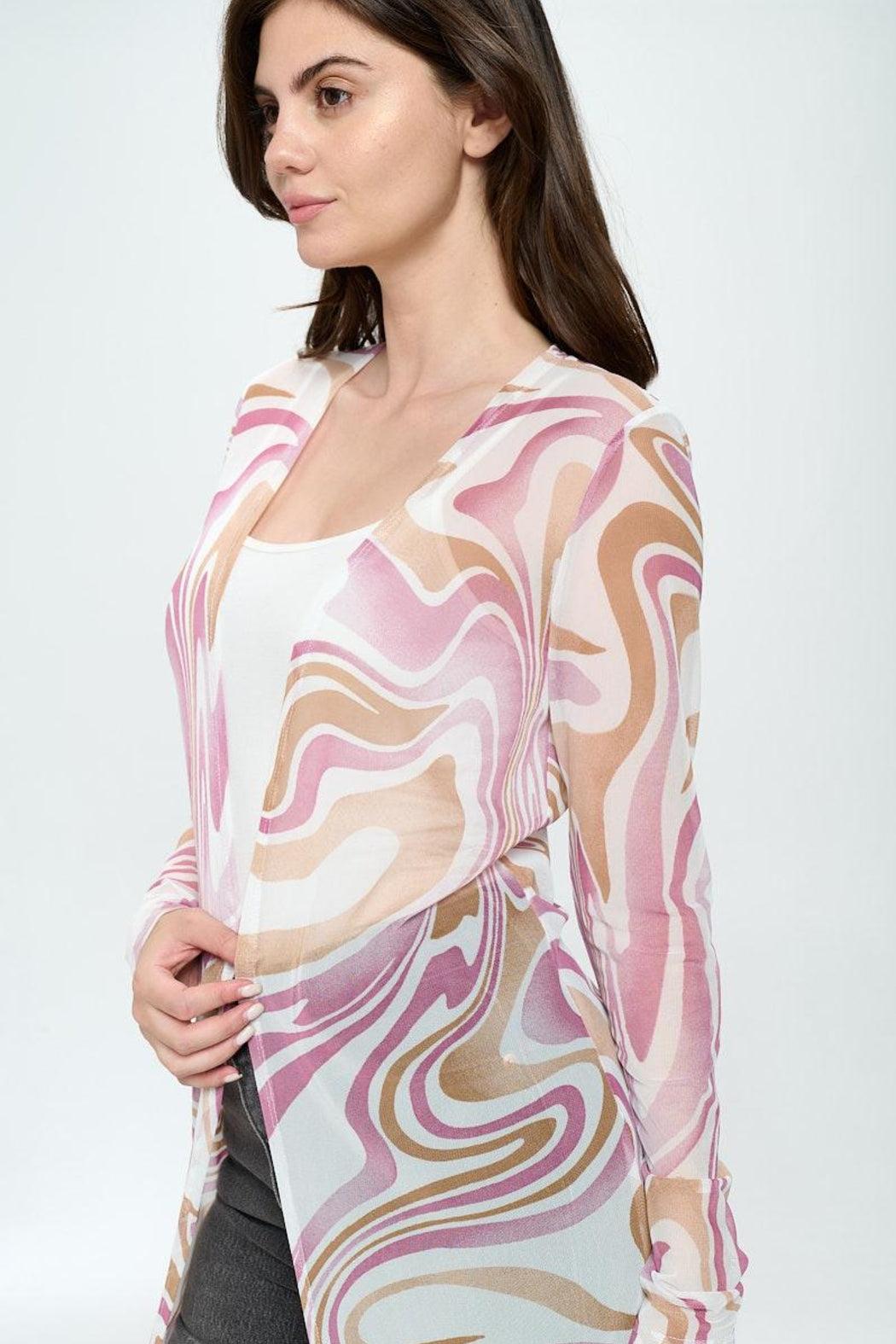 Long Sleeve Longline Duster In Swirl Printed Mesh Product Image
