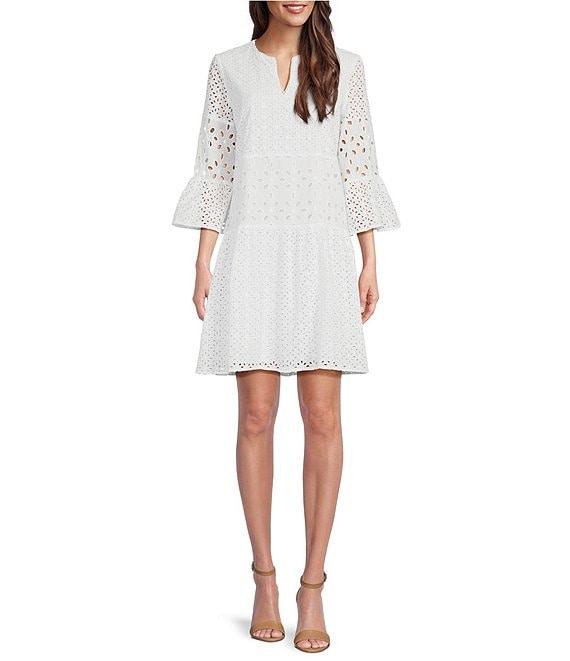tyler boe Ingrid Eyelet Crew Neck Split V 3/4 Bell Sleeve Tiered Dress Product Image