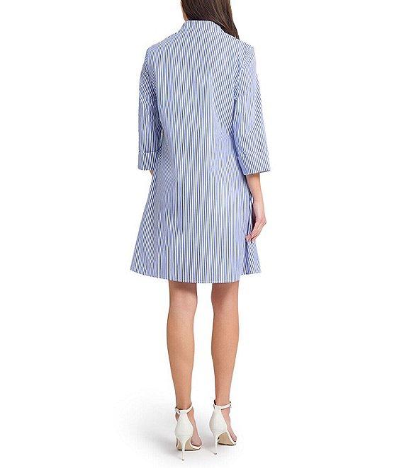 Ming Wang Cotton Stripe Mandarin Collar Zip Front 3/4 Sleeve Dress Product Image