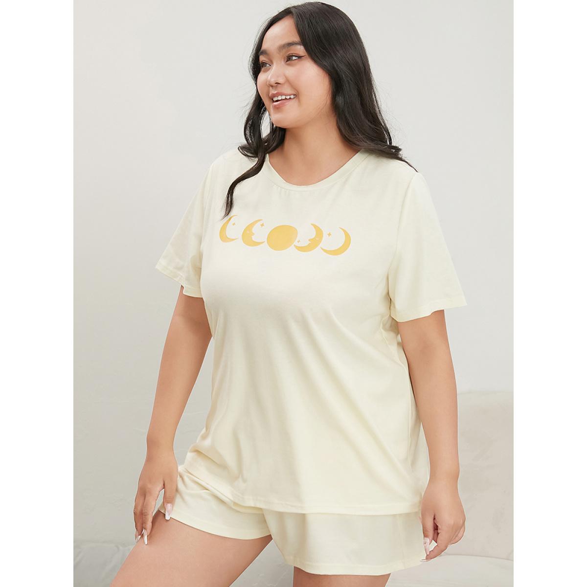 Plus Size Moon And Star Round Neck Sleep Top Women Ivory Casual Star and moon Round Neck Pocket Loungewear BloomChic 12/L Product Image