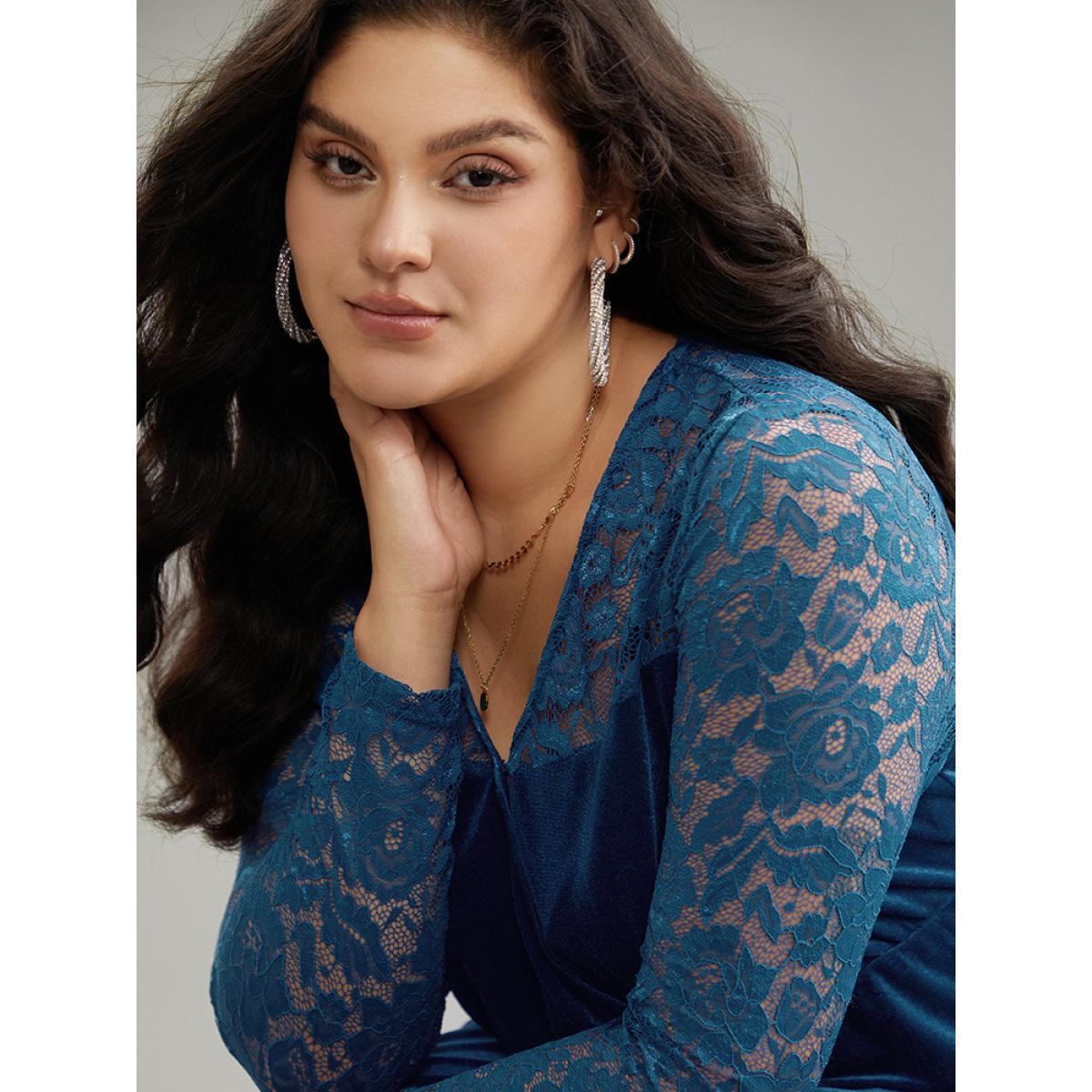 Plus Size Velvet Guipure Lace Wrap Dress Aegean Women Glamour Wrap Overlap Collar Long Sleeve Curvy Knee Dress BloomChic 18-20/2X Product Image