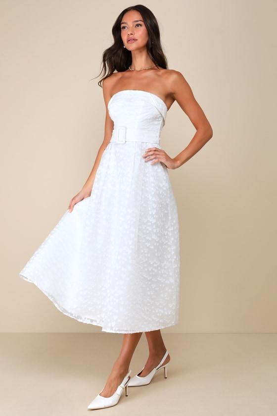 Enviable Grace White Burnout Strapless Belted Midi Dress Product Image