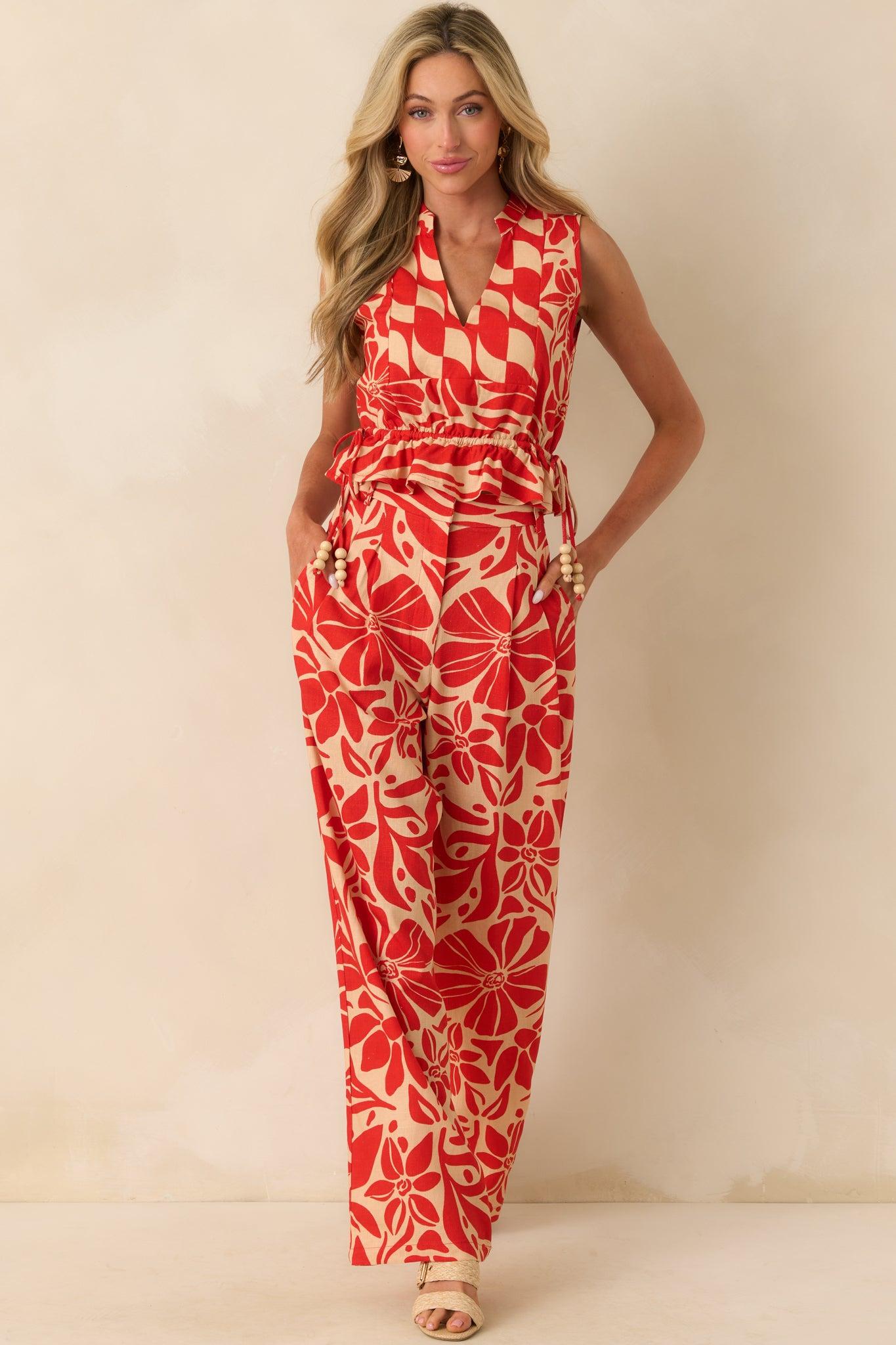 Aylaya Red Floral Print Linen Blend Key West Pants Product Image