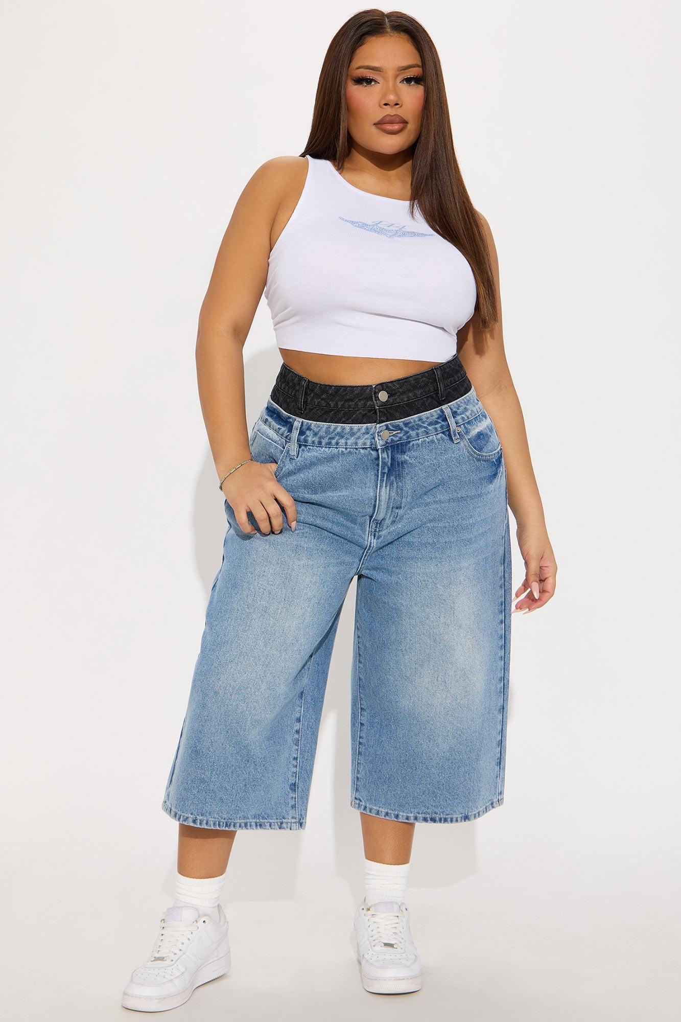 Teigen Non Stretch Double Waistband Denim Jorts - Medium Wash Product Image