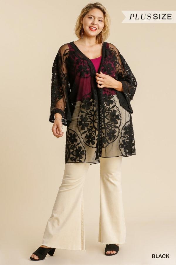 1136   ReeAnn Floral Lace Kimono w/ Waist Tie - Reg & Plus Product Image