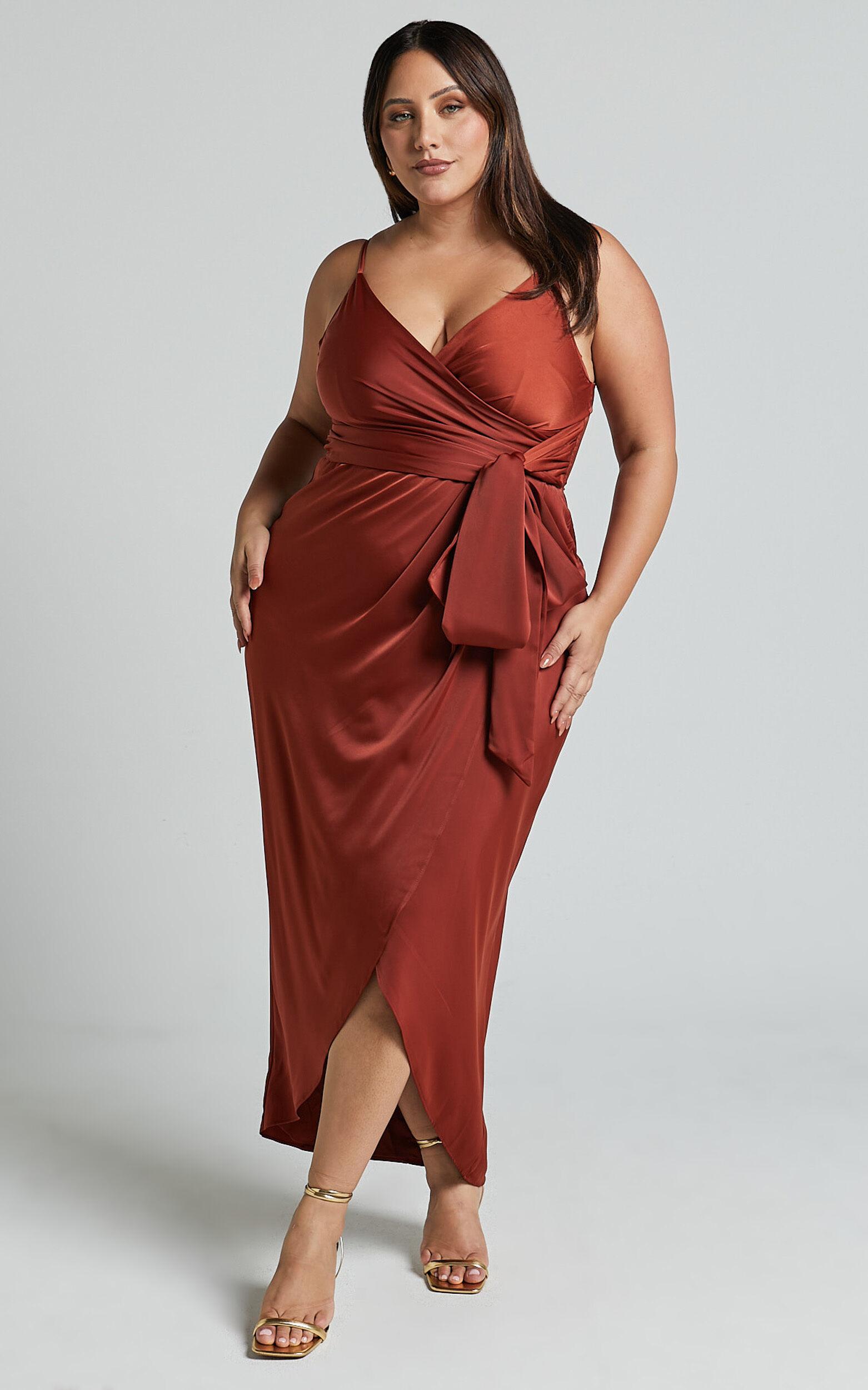 How Will I Know Midi Dress - Wrap Waist Tie Tulip Hem Dress in Copper Product Image