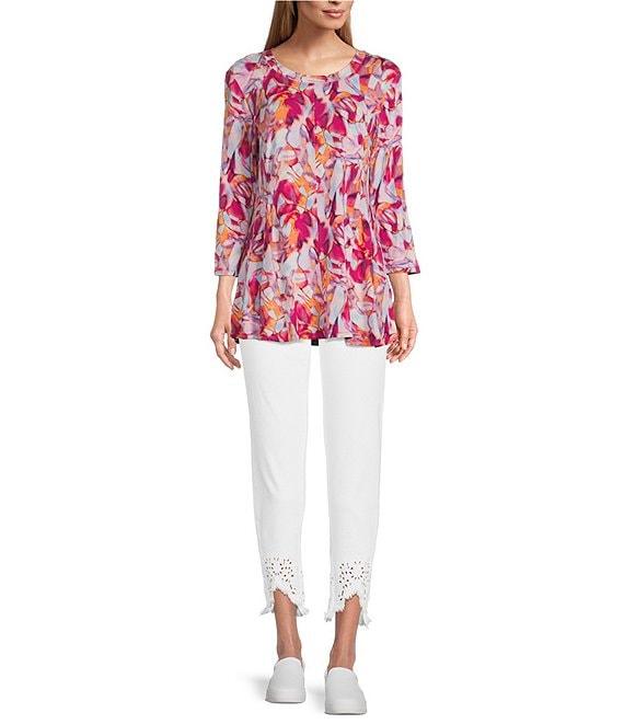 Intro Petite Size Straight Leg Tulip Eyelet Embroidered Frayed Hem Pull-On Ankle Pants Product Image