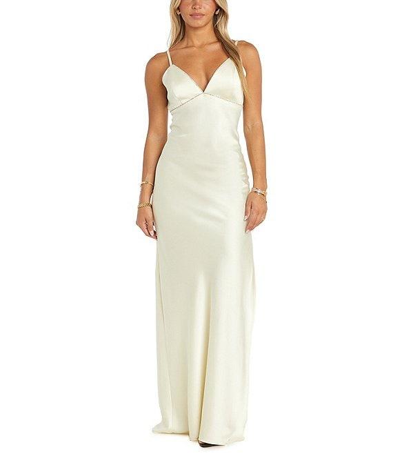 Morgan & Co. Sleeveless Spaghetti Strap Satin Rhinestone Trim Dress Product Image