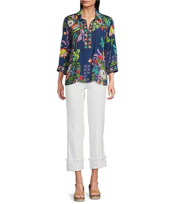 John Mark Floral Embroidered Woven Point Collar 3/4 Cuff Sleeve Popover Top Product Image
