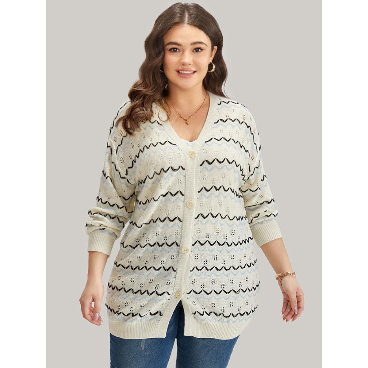 Plus Size UltraCool Wave Striped Eyelet Button Through Cardigan Beige Women Casual Loose Long Sleeve Everyday Cardigans BloomChic 26/4X Product Image