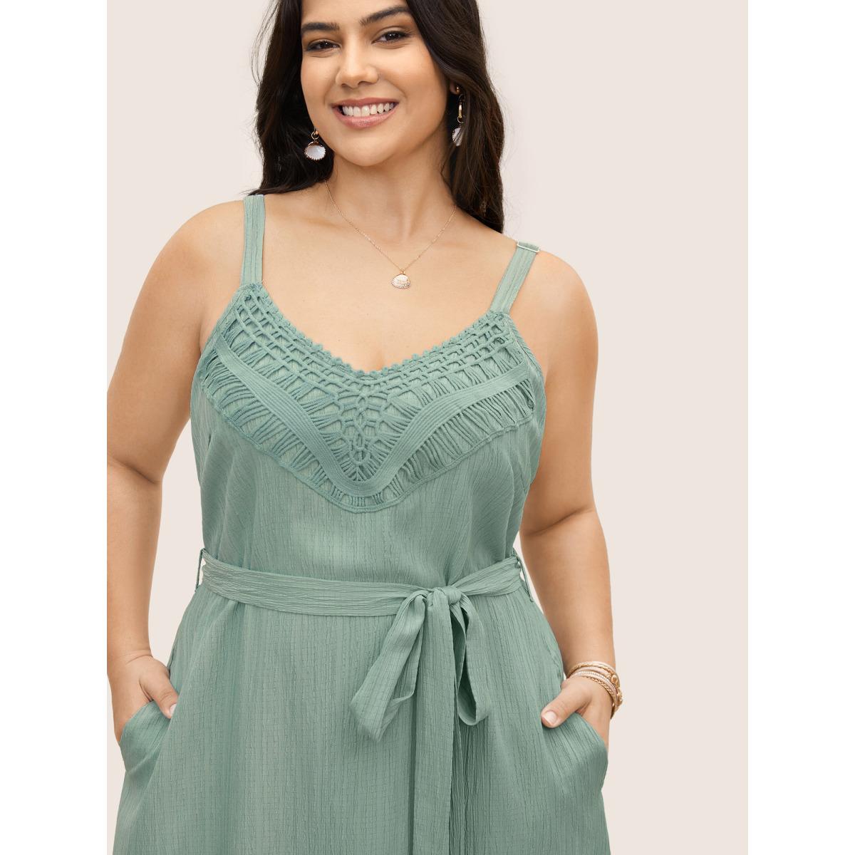 Plus Size Texture Lace Trim Belted Cami Dress Mint Women Resort Woven ribbon&lace trim V-neck Sleeveless Curvy BloomChic 18-20/2X Product Image