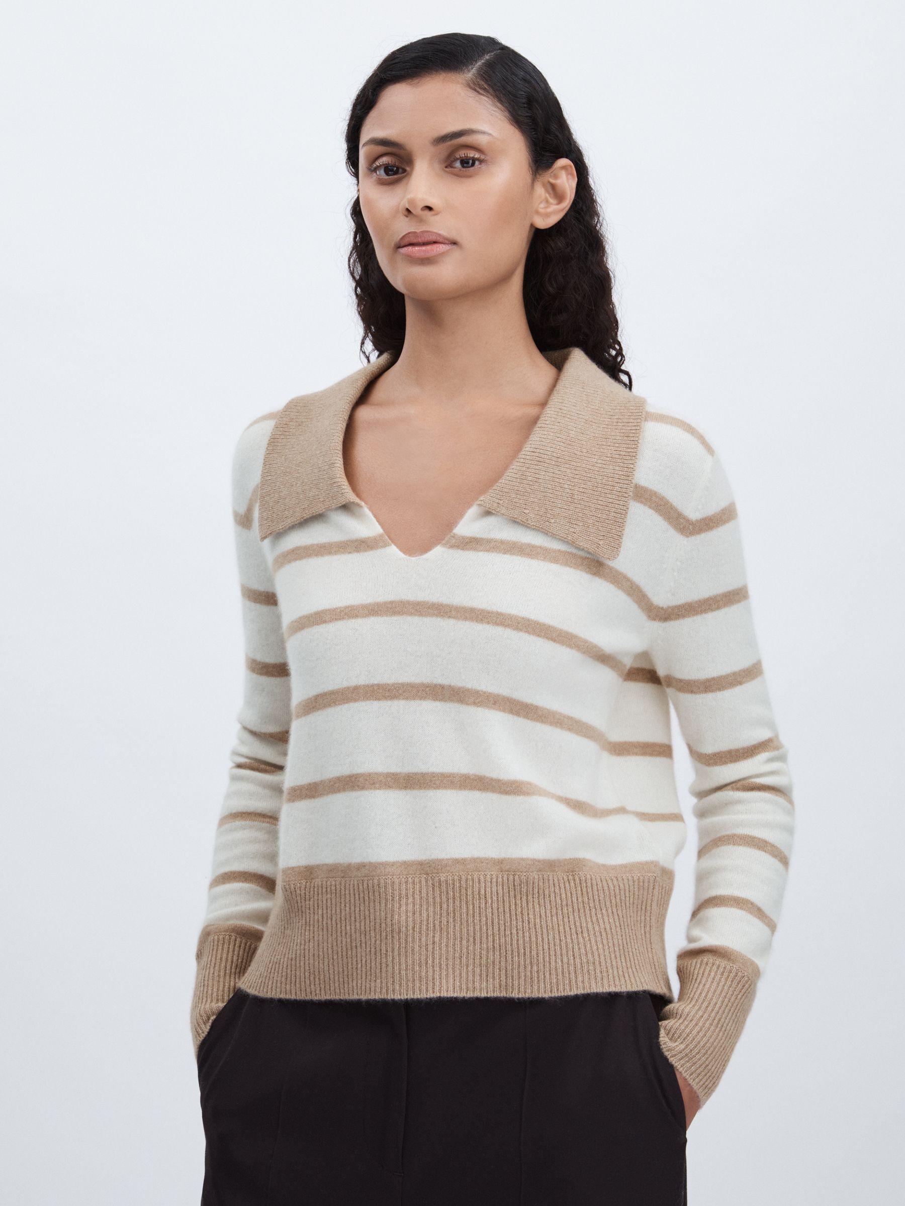 Cashmere Open Collar Striped Jumper in White/Beige Product Image