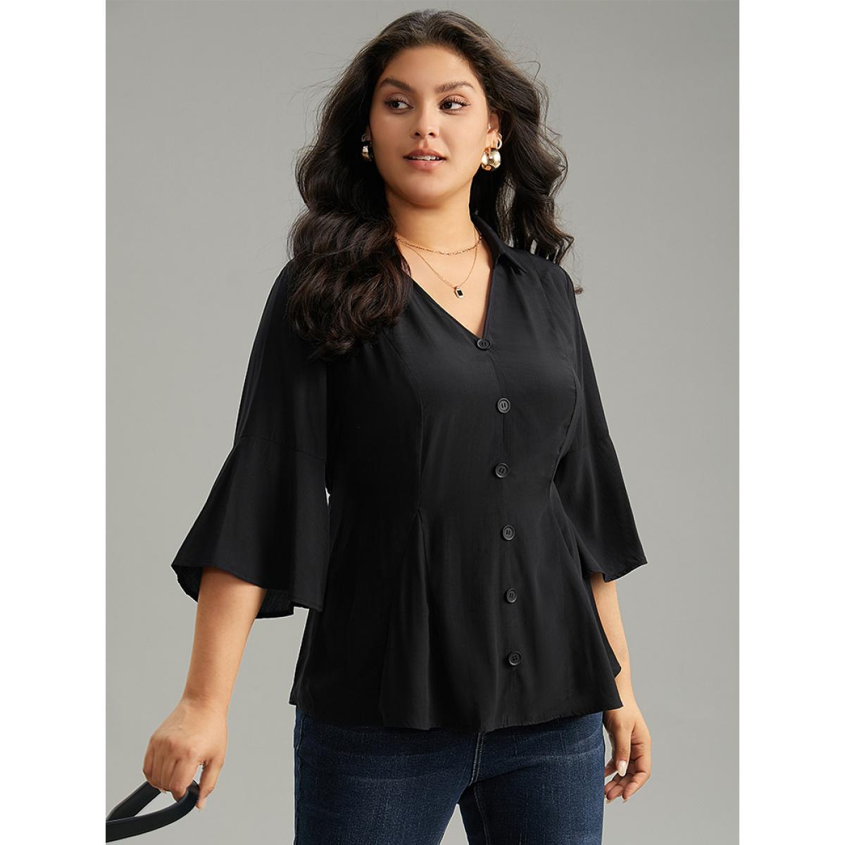 Plus Size Black Plain Button Detail Bell Sleeve Blouse Women Office Elbow-length sleeve Shirt collar Work Blouses BloomChic 10/M Product Image