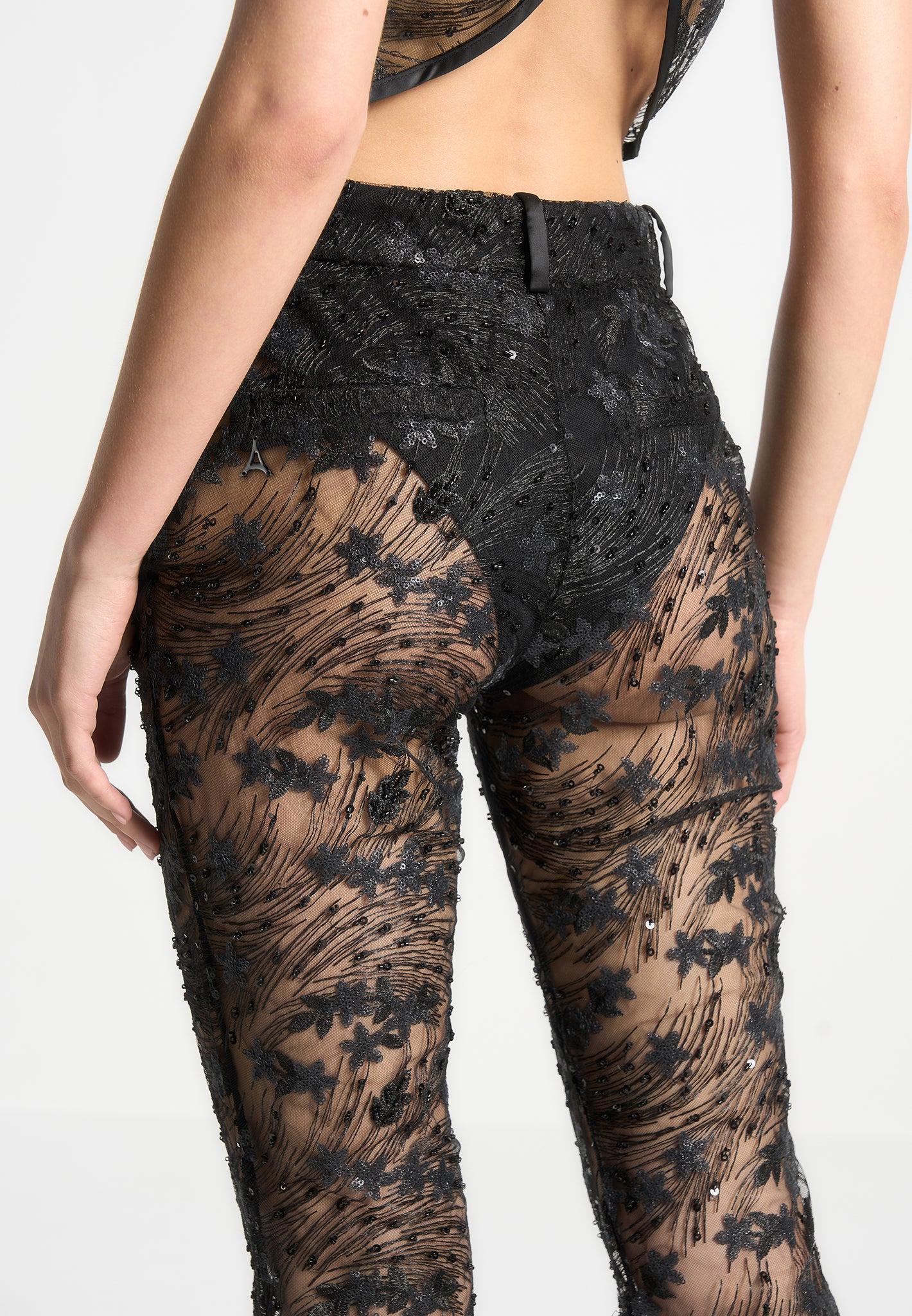 Embellished Lace Fit and Flare Trousers - Black Female Product Image