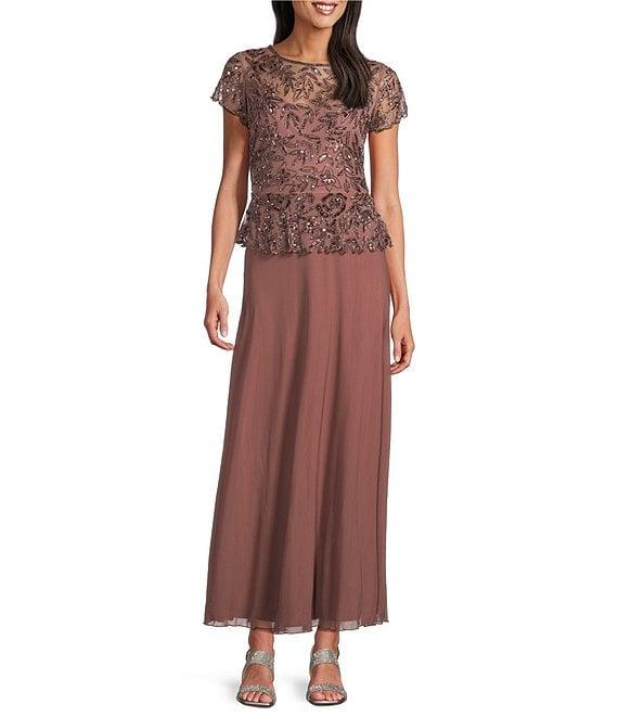 Pisarro Nights Beaded Bodice Illusion Crew Neck Short Sleeve Chiffon Gown Product Image