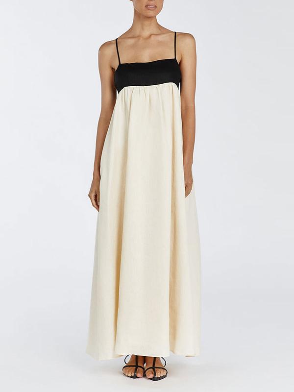 A-Line Loose Contrast Color Pleated Split-Joint Spaghetti-Neck Maxi Dresses Product Image