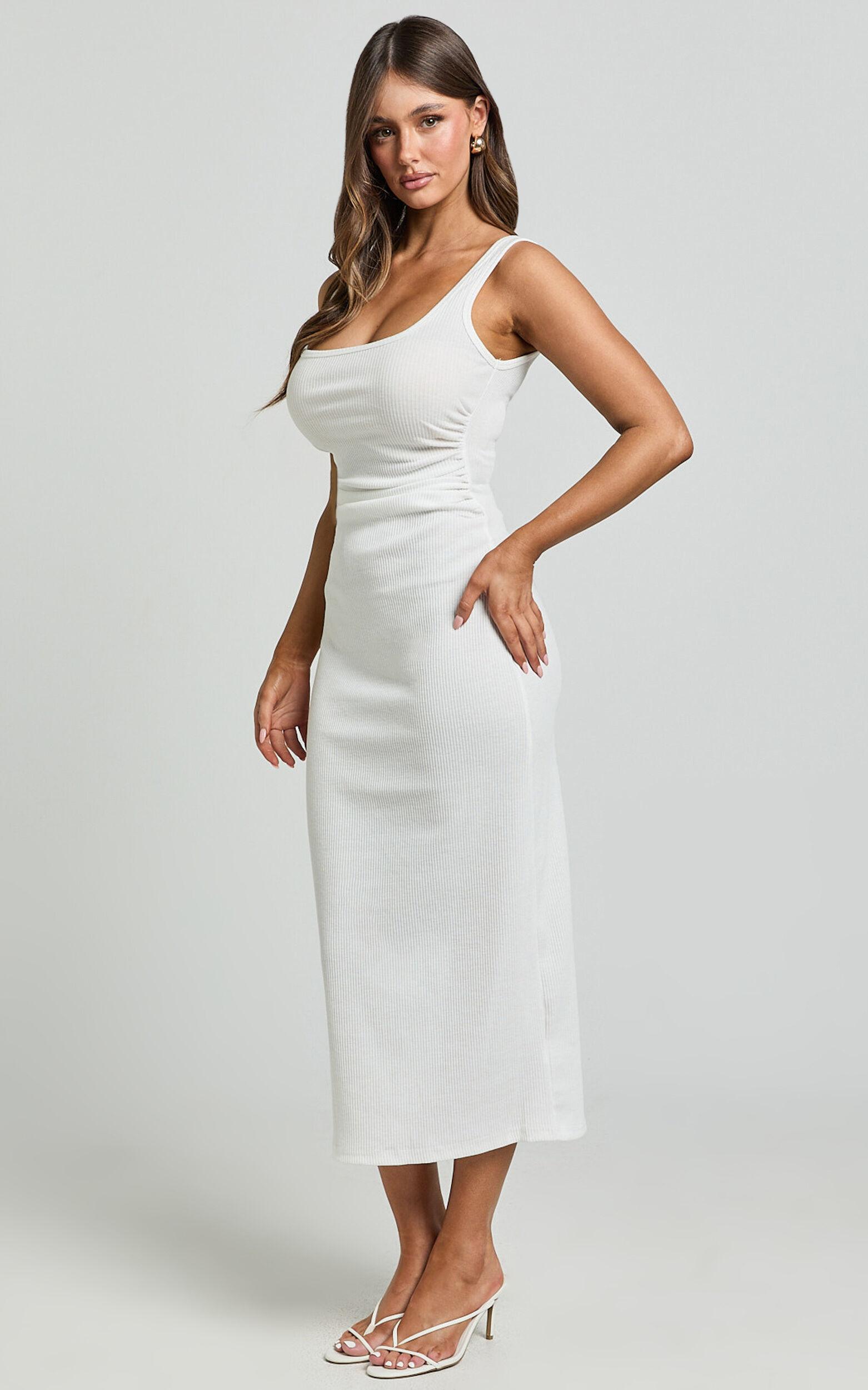 Sarina Midi Dress - Ribbed Scoop Neck Dress in White Product Image
