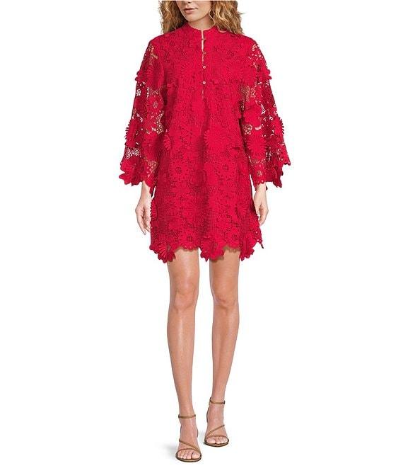 J.Marie Seraphina Floral 3D Lace Split Round Button Up Neck Long Sleeve Shift Dress Product Image