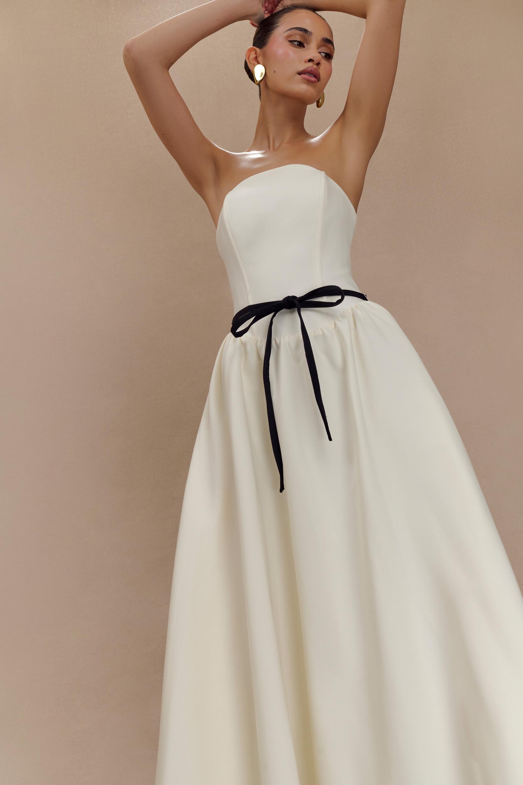 Penny Strapless Contrast Midi Dress - Ivory & Burgundy Product Image