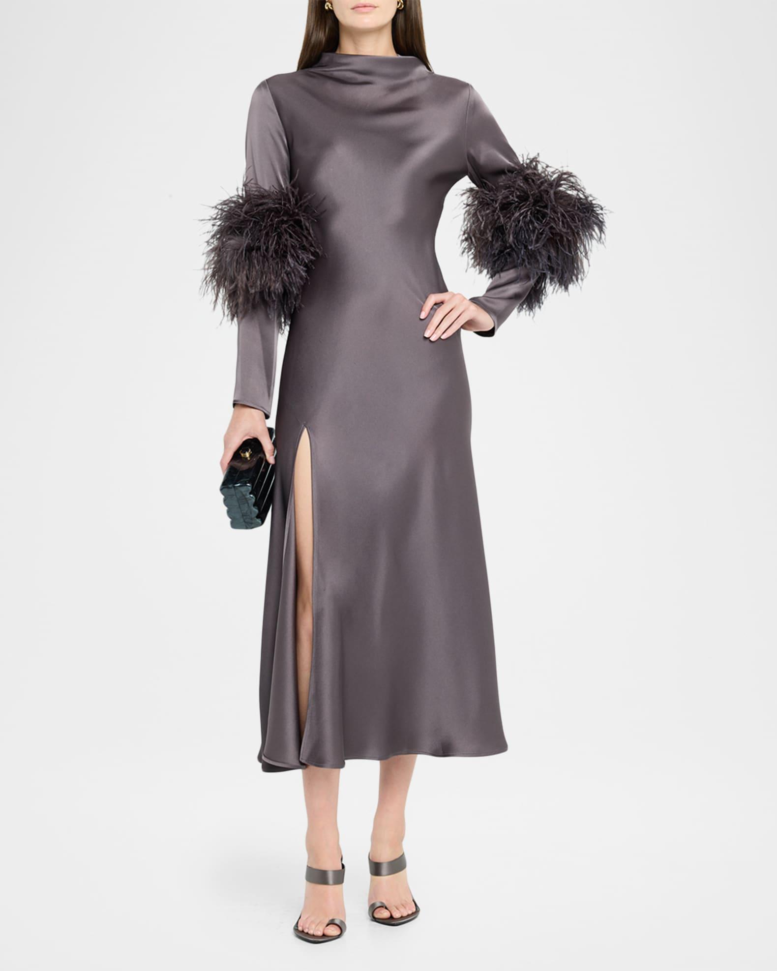 Feather-Trim Long-Sleeve Satin Bias Midi Dress Product Image