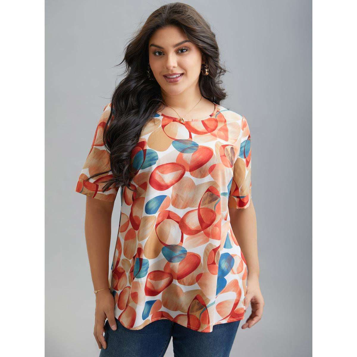 Plus Size Salmon Multi-Color Drops Round Neck Blouse Women Elegant Half Sleeve Round Neck Everyday Blouses BloomChic 28/5X Product Image