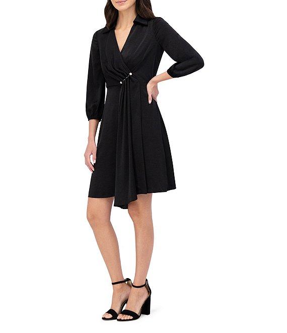 Vince Camuto Satin V-Neck Collared Long Sleeve Faux Wrap Dress Product Image