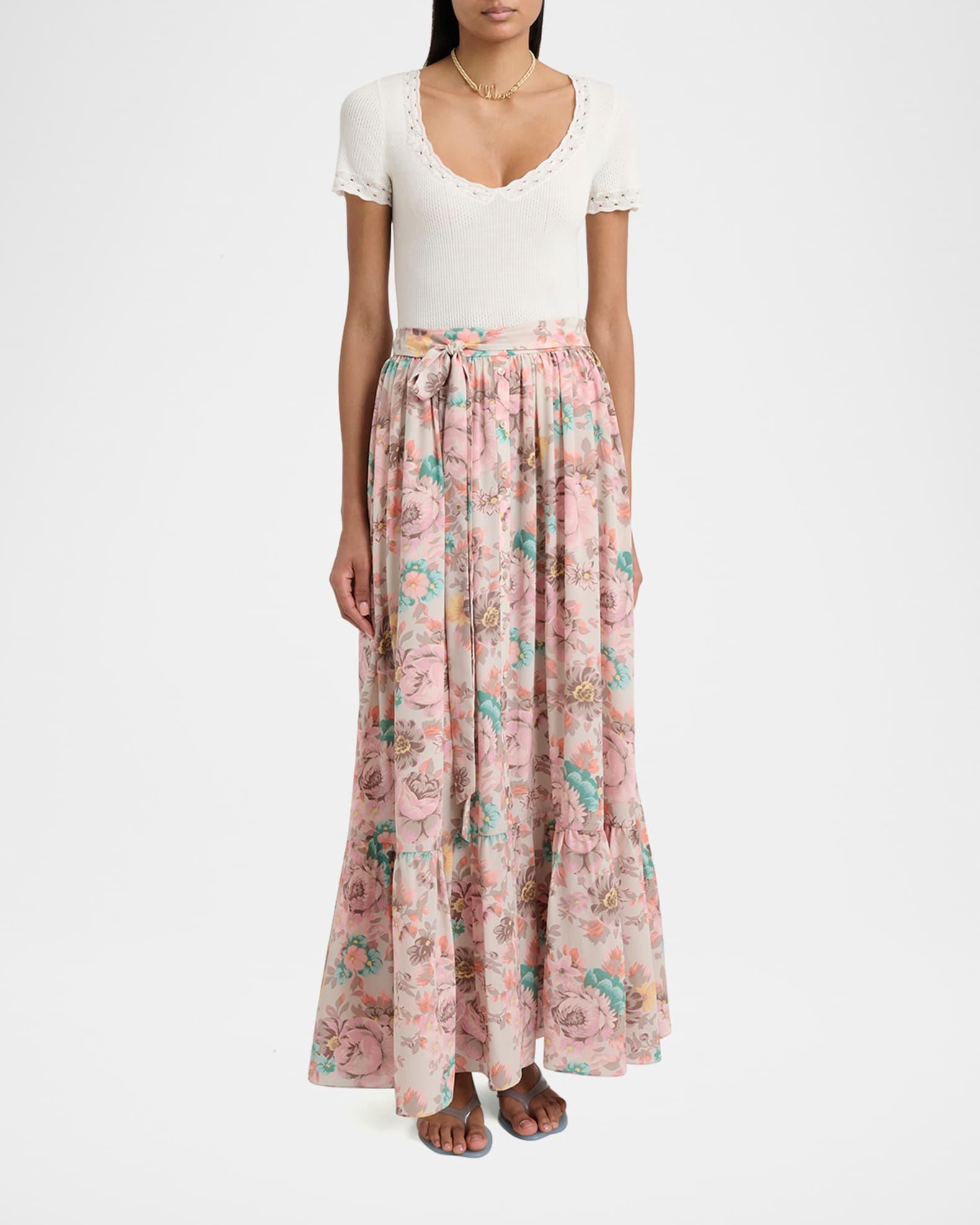 Belted Floral-Print Silk Maxi Skirt Product Image
