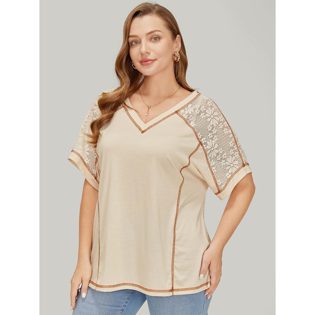 Plus Size Floral Lace Insert Stitch Trim T-shirt Beige Women Elegant Plain V-neck Dailywear T-shirts BloomChic 28/5X Product Image