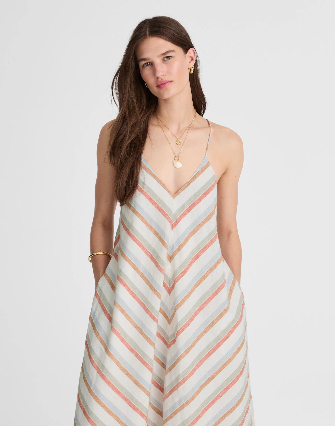 Striped V-Neck Midi Dress in 100% Linen Product Image