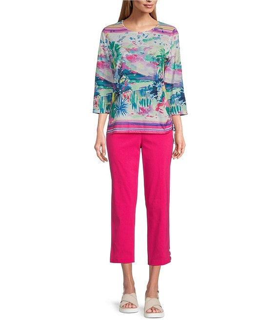 Allison Daley Embellished Watercolor Tropics Print 3/4 Sleeve Crew Neck Ruched Side Tie Hem Knit Top Product Image