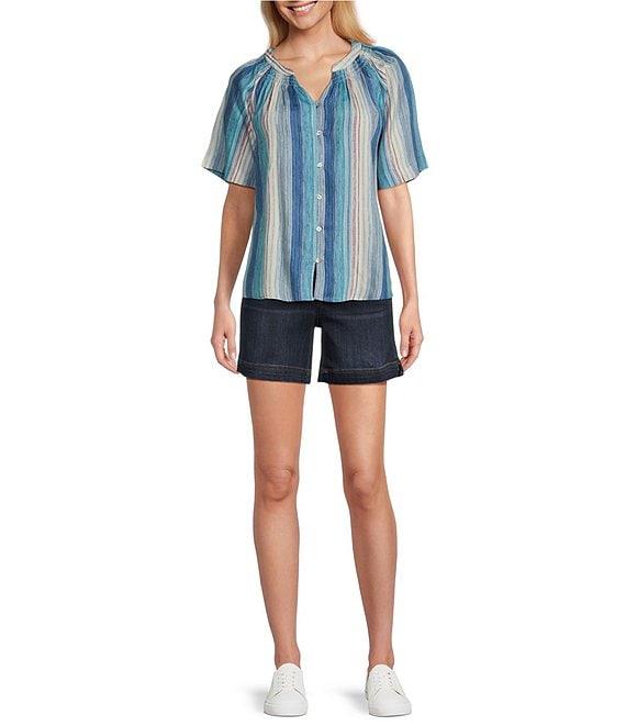Westbound Stripe Woven Short Sleeve Y-Neck Button Front Top Product Image