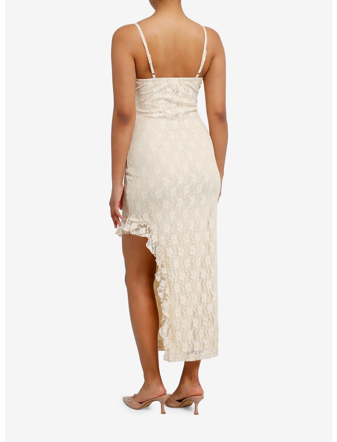 Cream Ruffle Lace Slit Midi Dress Product Image