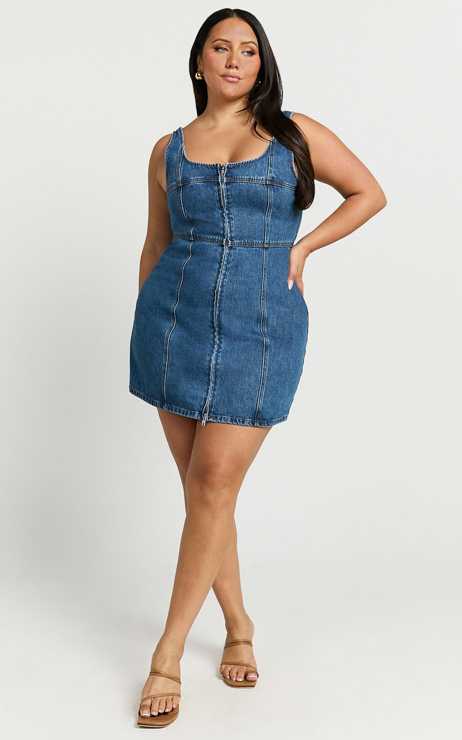 Chrysoula Mini Dress - Square Neck Zip Front Sleeveless Bodycon Denim in Mid Blue Wash Product Image