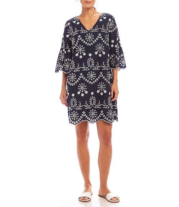 Karen Kane V-Neck 3/4 Sleeve Eyelet Embroidered Dress Product Image