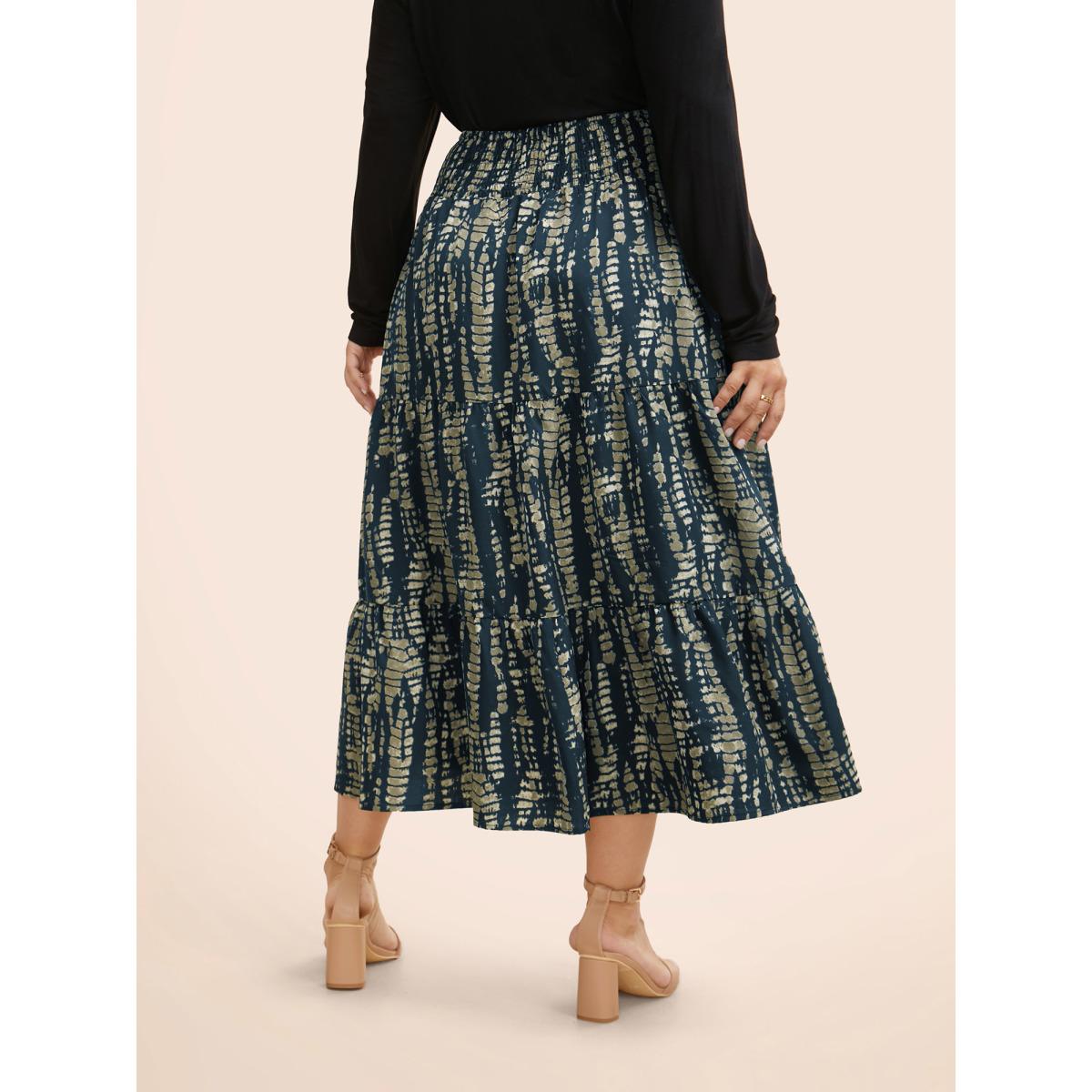 Plus Size Geometric Shirred Ruffle Layered Hem Skirt Women Indigo Casual Shirred No stretch Slanted pocket Everyday Skirts BloomChic 14-16/1X Product Image