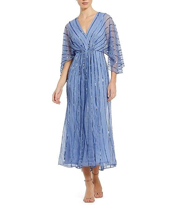 Mac Duggal Sequin Mesh Beaded Striping Kimono Sleeve V-Neck A-Line Midi Dress Product Image