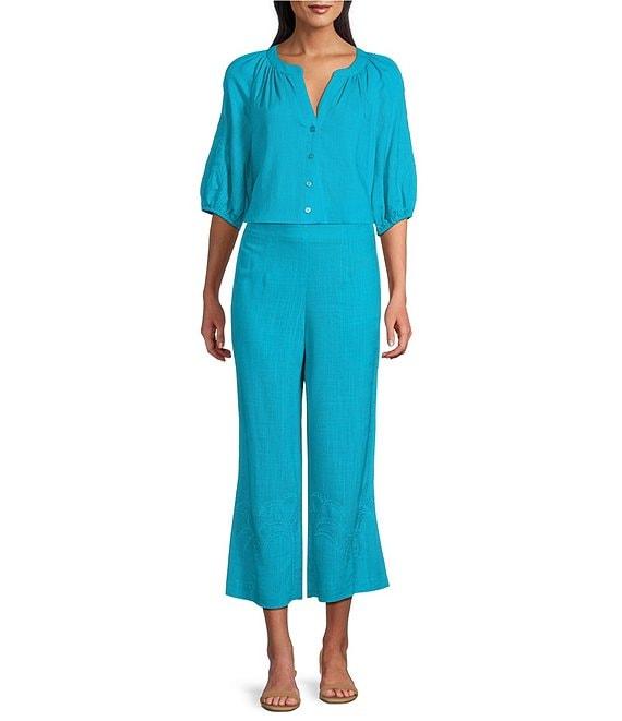 Investments Palm Tree Embroidery Pull-On Wide Leg Crop Coordinating Pants Product Image