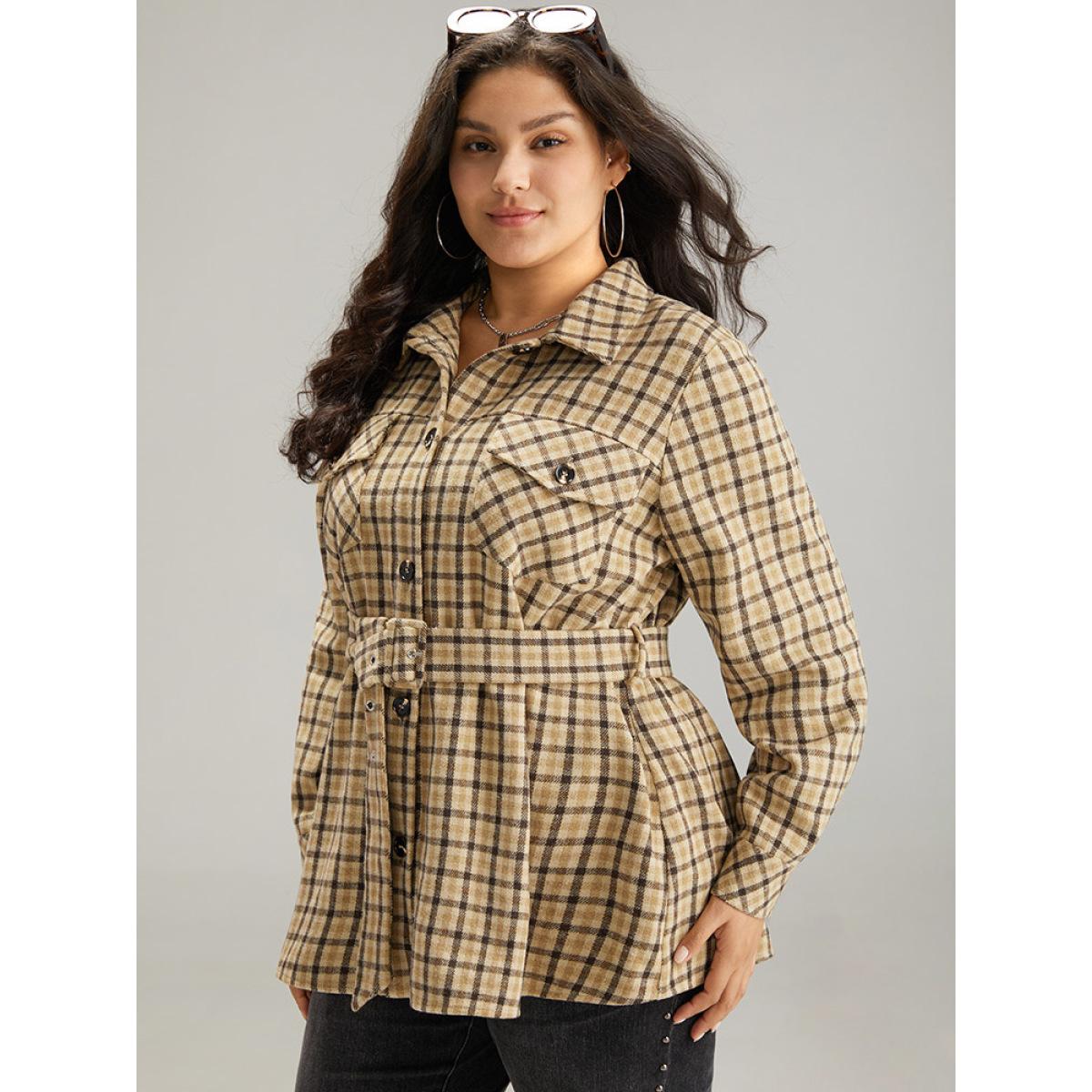 Plus Size Gingham Pocket Button Through Belted Coat Women Tan Casual Belted Ladies Dailywear Winter Coats BloomChic 28/5X Product Image