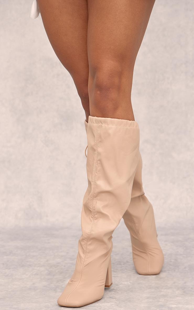 Beige Wide Fit PU Square Toe Knee High Block Heel Toggle Boots Product Image