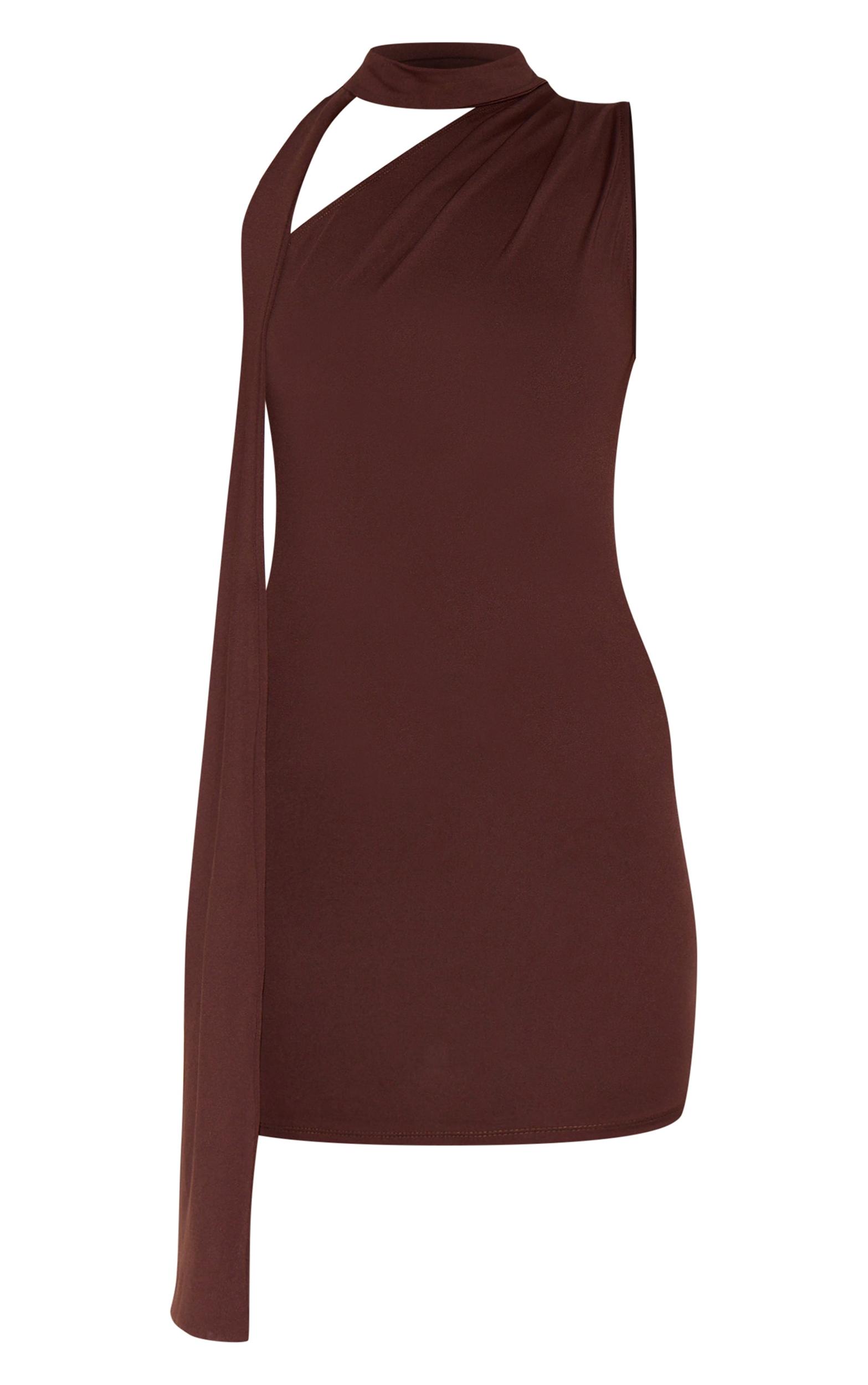 Chocolate Soft Touch One Shoulder Wrap Detail Mini Dress Product Image