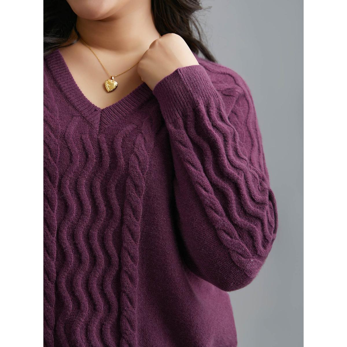 Plus Size Plain V Neck Cable Knit Pullover Deeppurplered Women Casual Loose Long Sleeve V-neck Everyday Pullovers BloomChic 22-24/3X Product Image