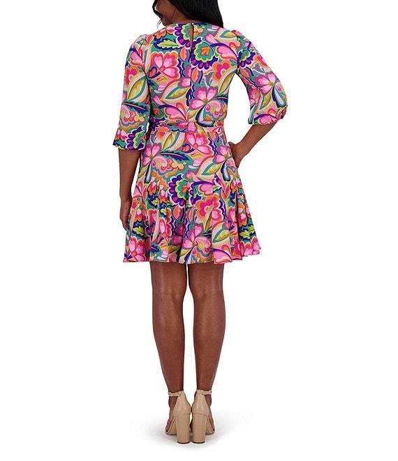 Jessica Howard Crew Neck 3/4 Sleeve Tie Sash Fit and Flare Godet Dress Product Image