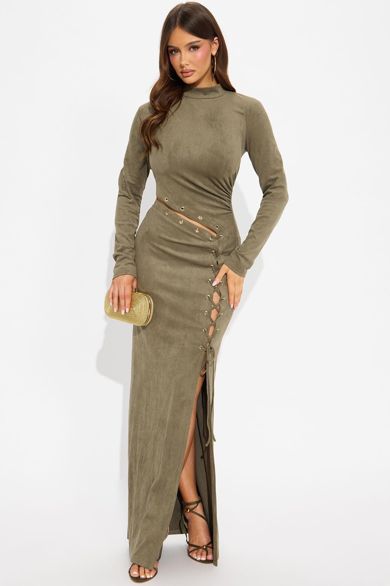 Audrey Faux Suede Lace Up Maxi Dress - Olive Female Product Image
