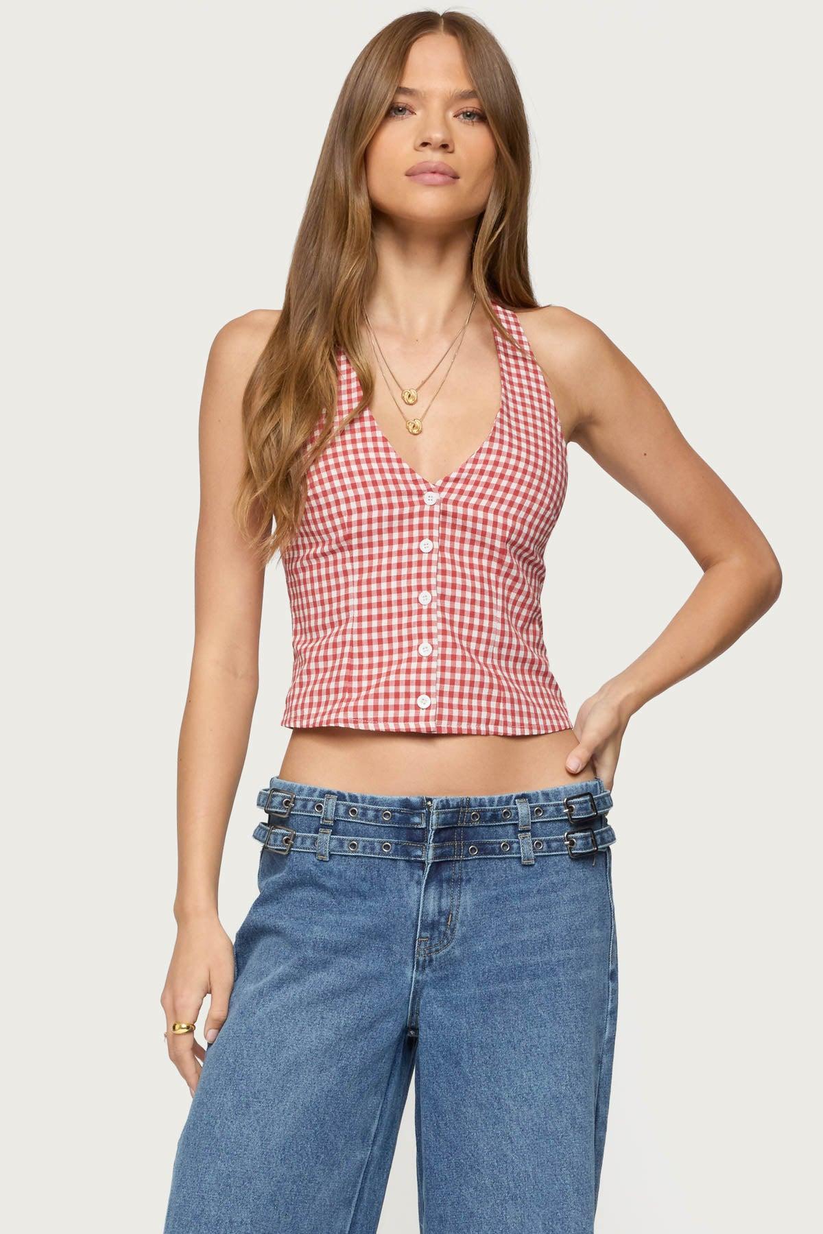 Evan Gingham Button Up Halter Top Product Image