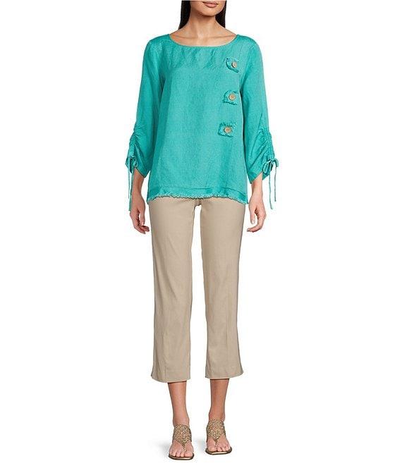 Ali Miles Petite Size Linen Blend Solid Round Neck 3/4 Cinched Tie Sleeve Tunic Product Image