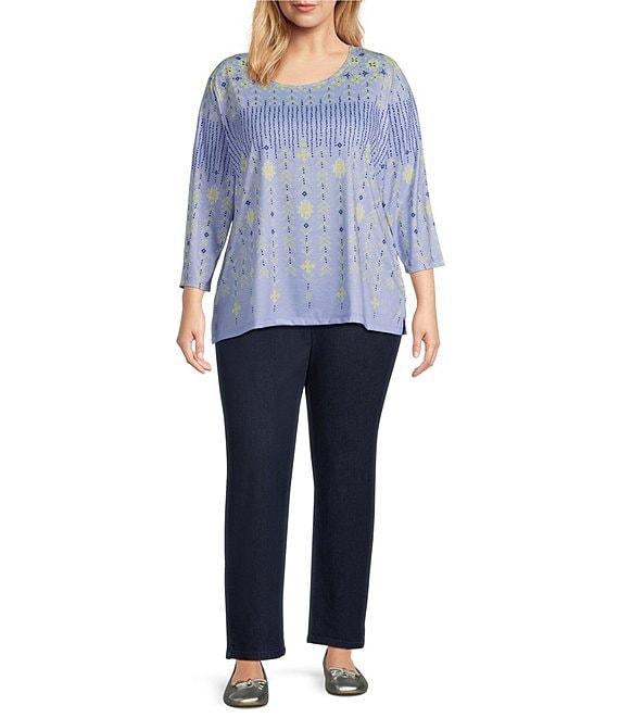 Allison Daley Plus Size Embellished Folk Stitch Print 3/4 Sleeve Crew Neck Knit Top Product Image