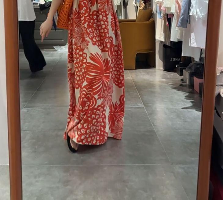 Spaghetti Strap Floral Print Maxi A-Line Dress Product Image