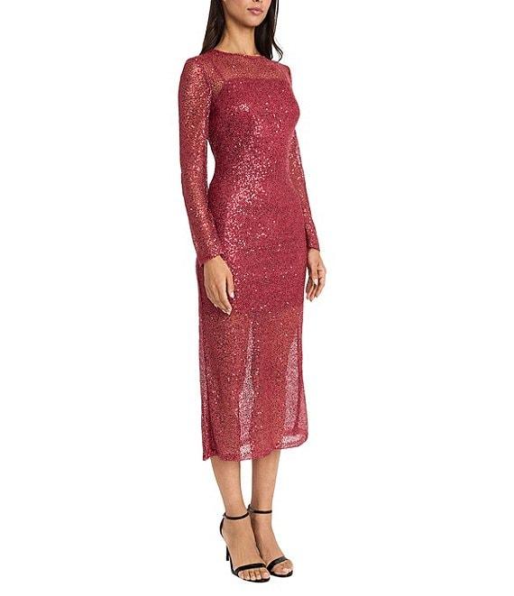 Donna Morgan Alexandra Sheer Knit High Neck Long Sleeve Sheath Dress Product Image